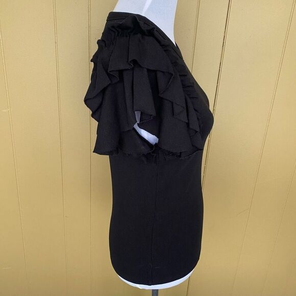 Express women M Crewneck ribbed short sleeve with ruffle top black - Picture 4 of 8